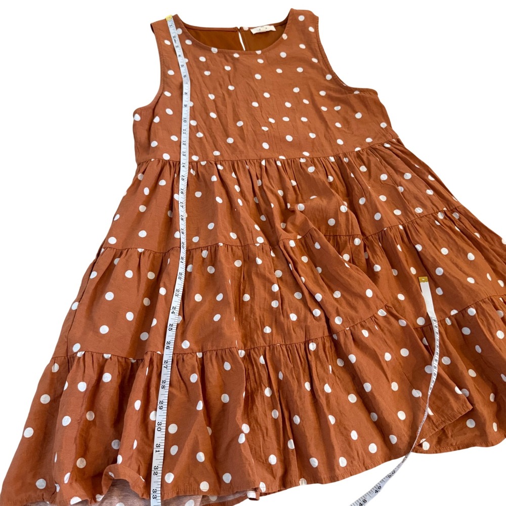 Entro Rust Polka Dot Tiered Babydoll Mini Dress Sleeveless Pockets Womens Large - Picture 9 of 10